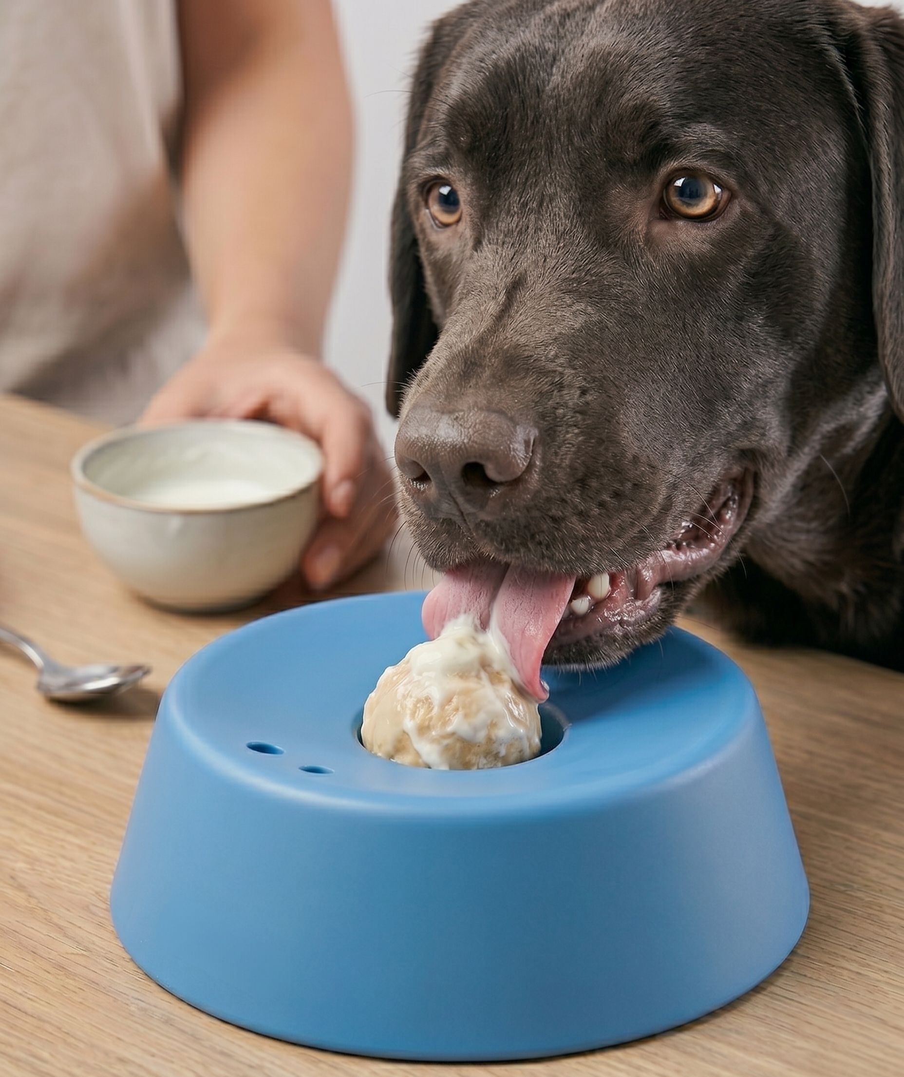 Golden retriever calmly licking peanut butter from LickDish anti-anxiety lick bowl on wooden floor