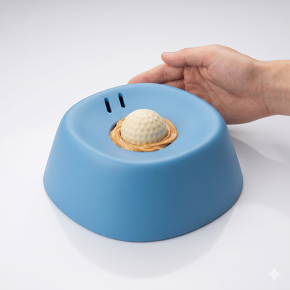 LickDish lick bowl top-down view showing recessed well and rolling lick ball with peanut butter