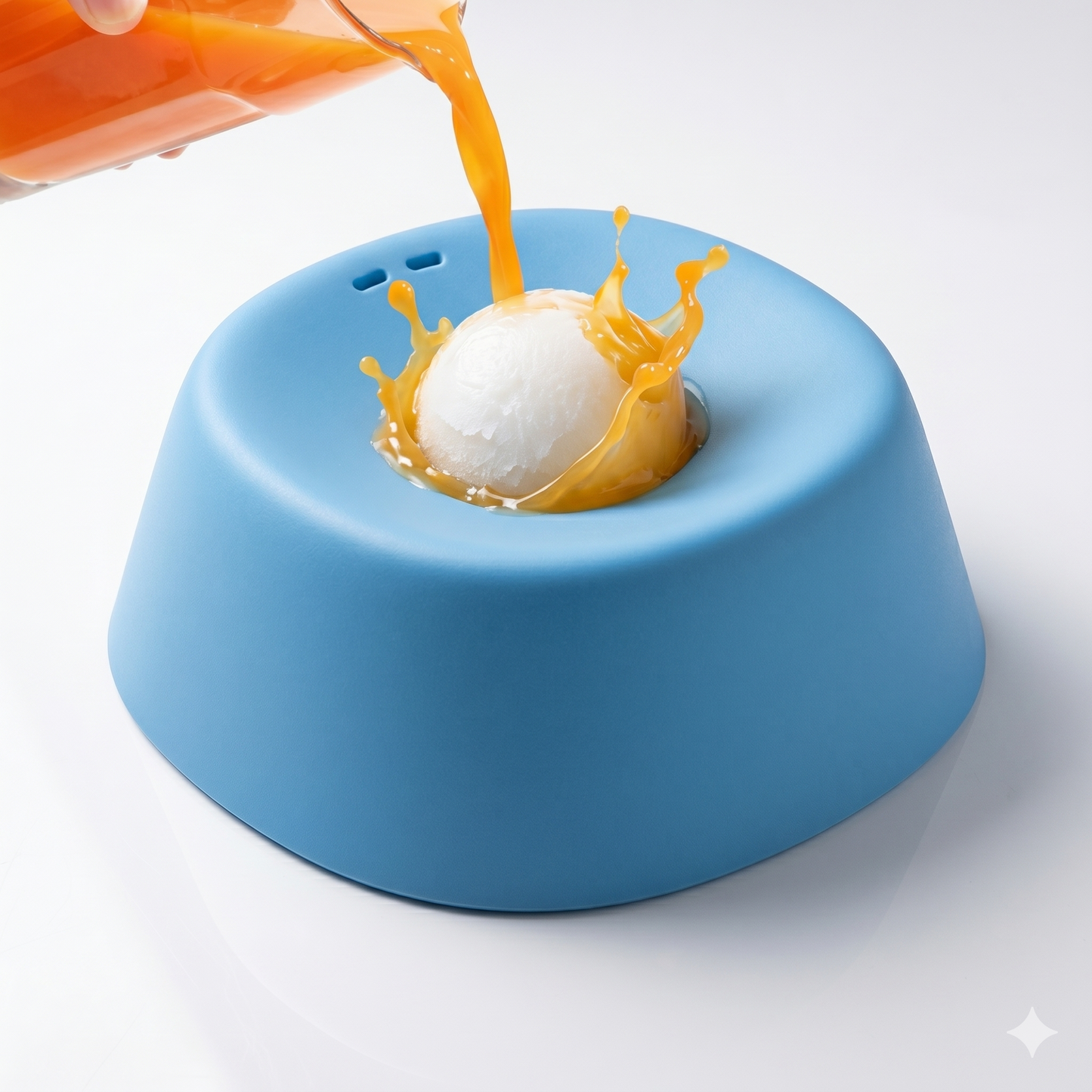 LickDish sky-blue dog lick bowl side view with peanut butter on rolling lick ball, studio shot