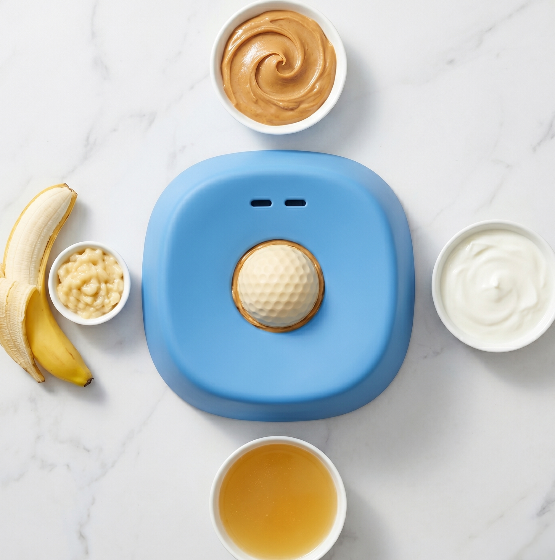LickDish dog lick bowl top-down view with peanut butter, yoghurt, bone broth and banana fill options on marble surface